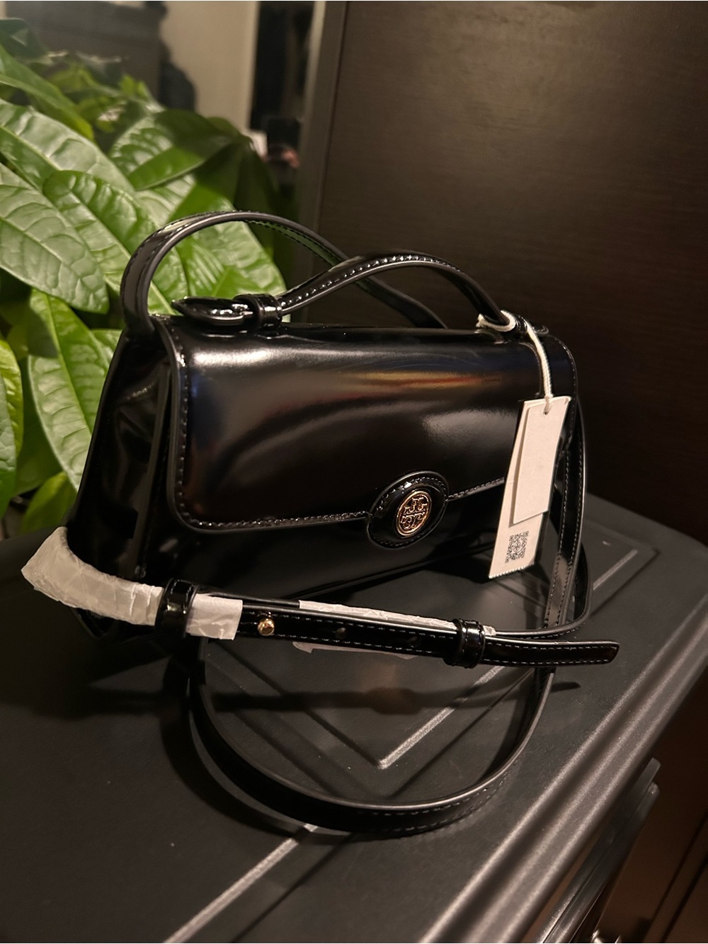 Tory Burch McGraw Patent Leather Wallet Crossbody Clutch Black $328 New with Tag